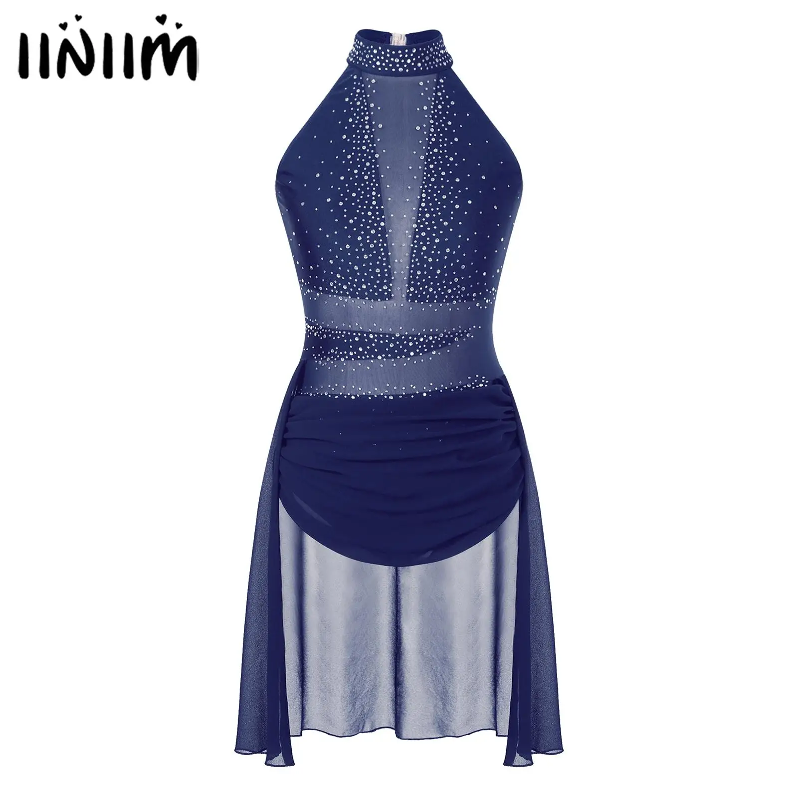 Fato de balé feminino sem costas com strass brilhante, vestido collant moderno, malha pura, pescoço simulado, performance de dança, lírica