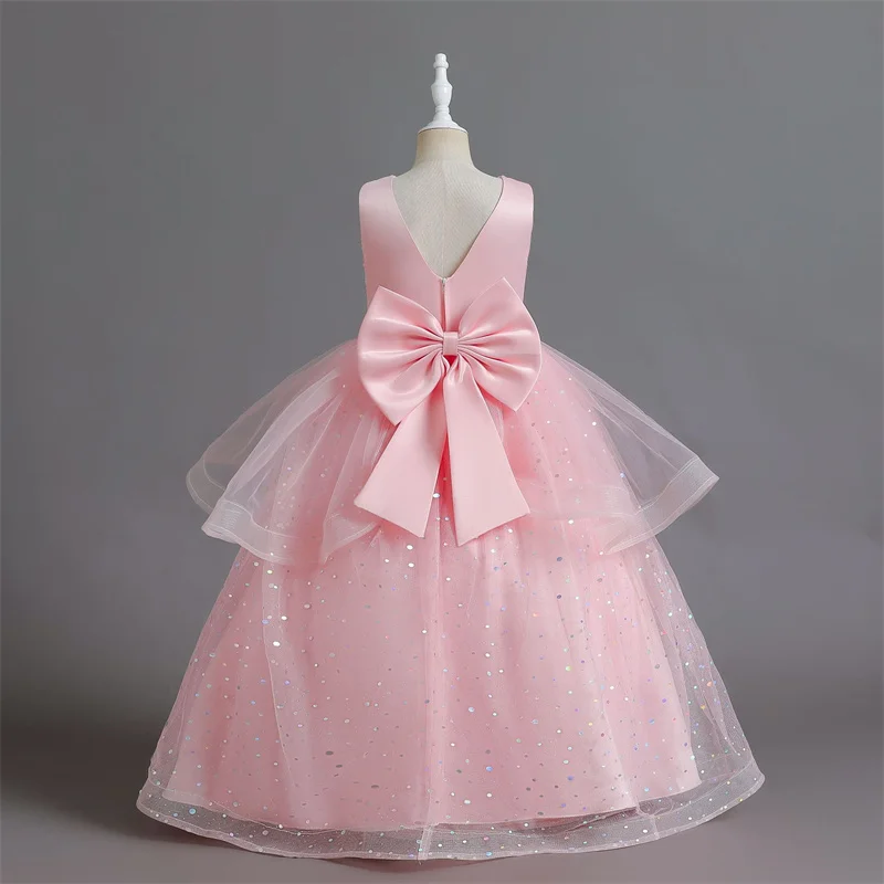 

Sequins Dress for Baby Girls Teens Sleeveless DRESSES Gauze Long Ball Gown with Big Bow Children Pageant Performance Costumes