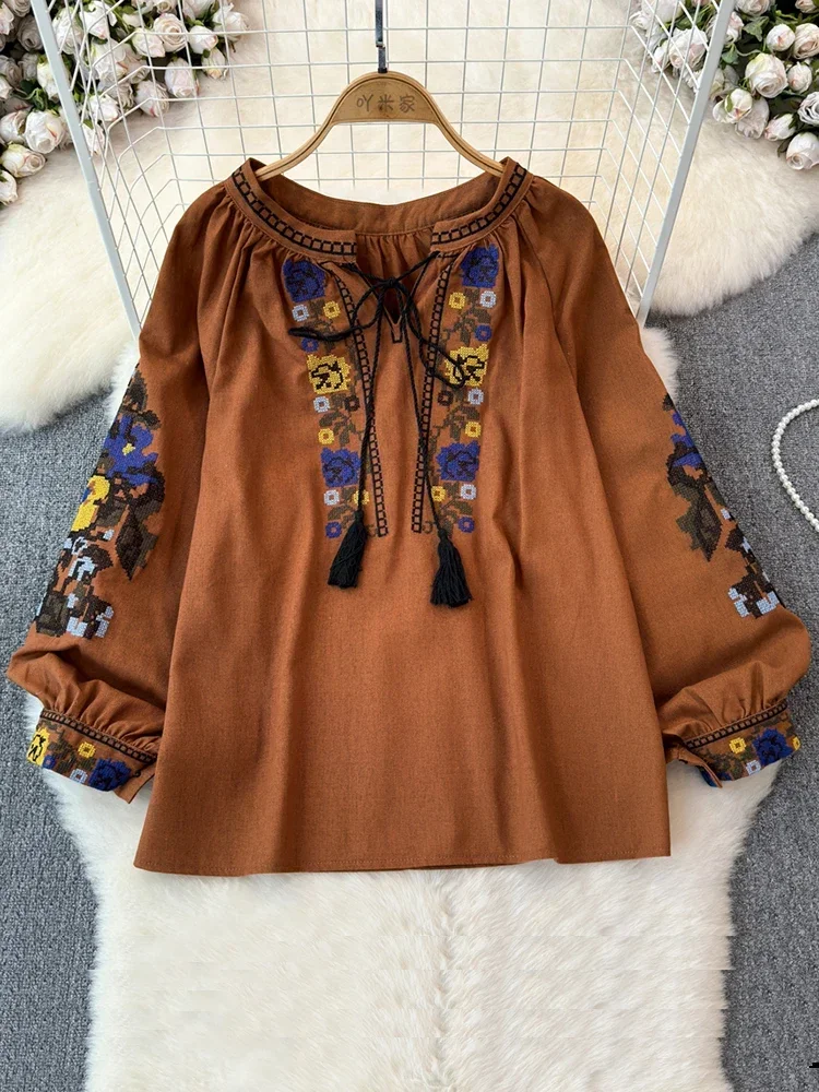 2024 Spring Retro Embroidered Shirt Top Female Lace Up Tassel Loose Lantern Sleeves Ethnic Style Blouse Female A70