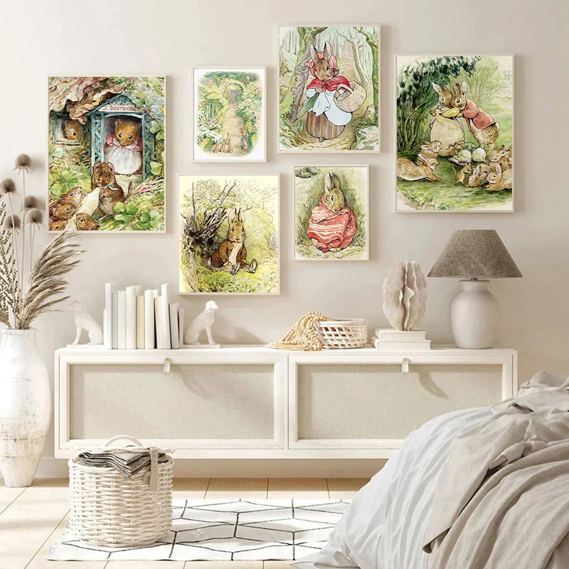 Cartoon Animal Fairy Tales Illustration Comic Poster Squirrel Hedgehog Rabbit Mice Canvas  Wall Art Kids Room Home Decor