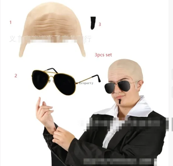 Glatze Kappen Gläser und Schnurrbart Glatze Perücke Kappe Party Kostüm Zubehör für Frauen Männer Halloween Cosplay (Falten) disfraz