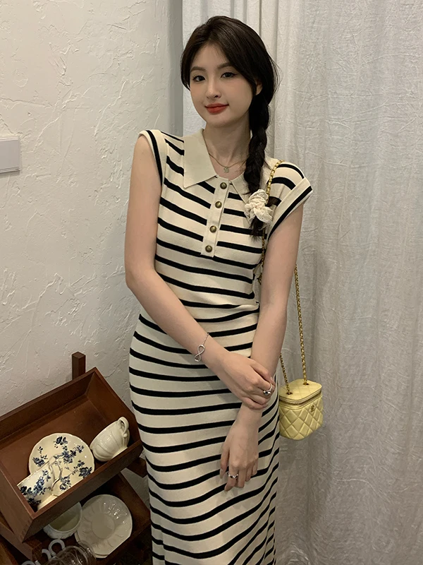 

Spring Summer 2026 New Dr Knitted Slim Fit Waisand Versatile Stripe Elastic Knitted ort Sve Collar Ciwa...