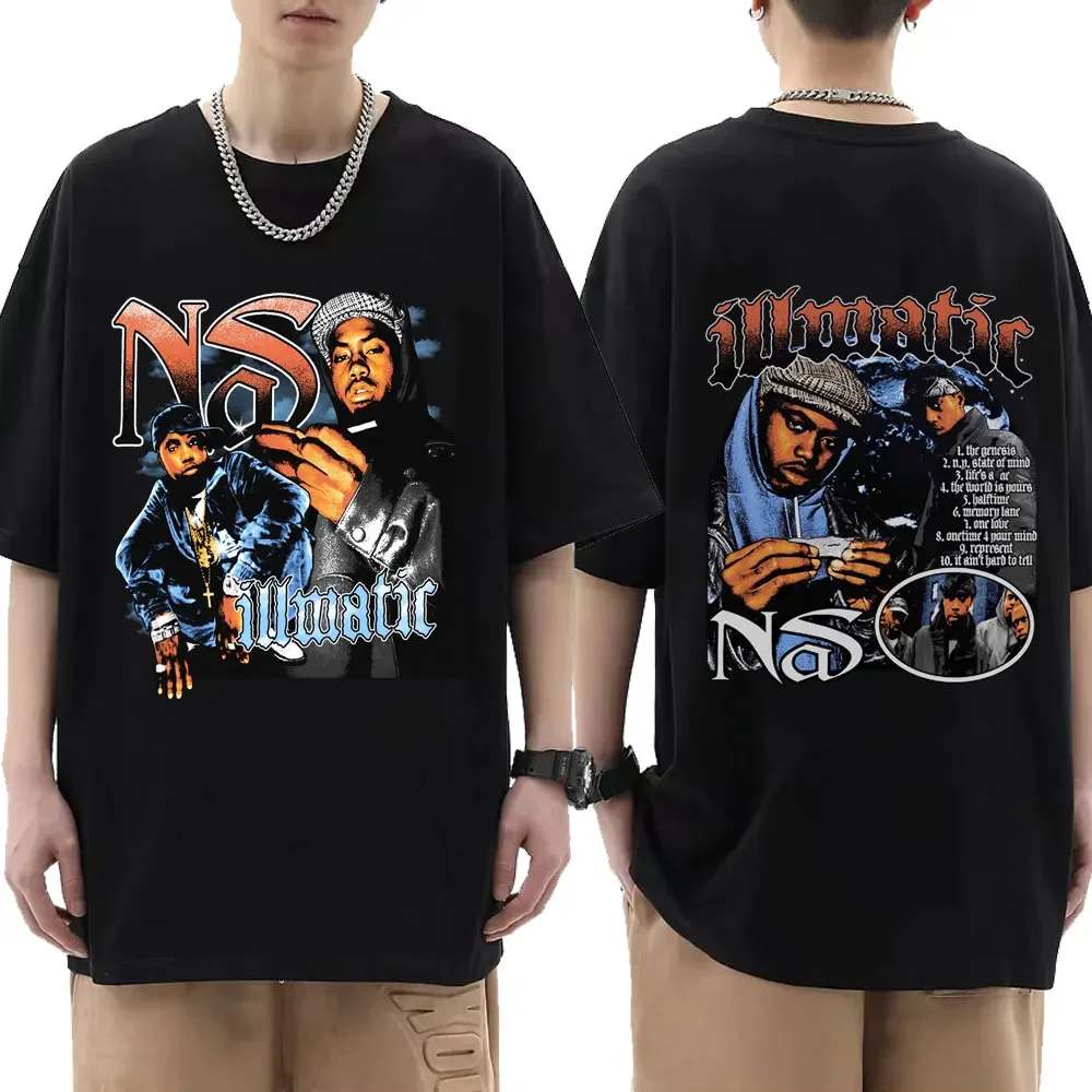 

Summer men's renowned rapper Nas Illmatic's stylish, retro and casual short-sleeved T-shirt streetwear features character prints
