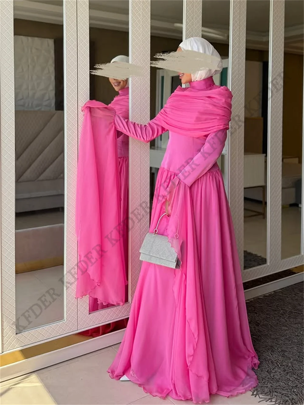 Hot Pink Chiffon A Line Evening Dresses High Neck Modest Prom Gowns Ribbons Long Sleeves Floor Length Dress Dresses Customized - view 3