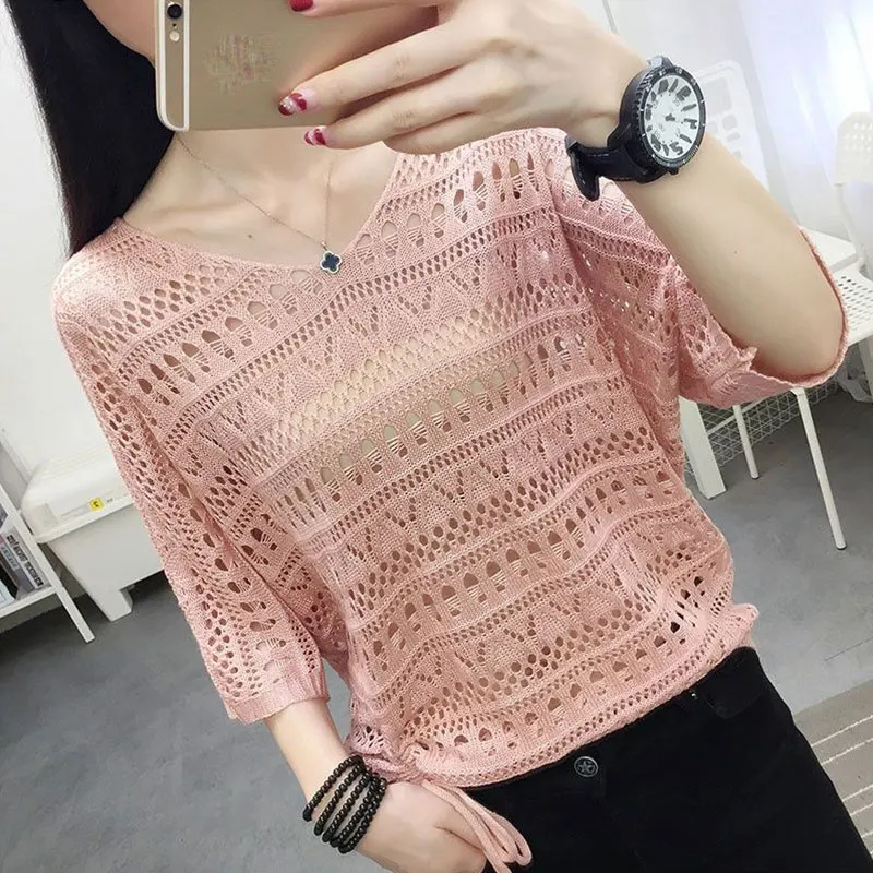 Hollow Out Knitwear for Women, Casual Tops, Simplicity, Office Clothes, Monochromatic, All-Match, Lady Fashion, Summer