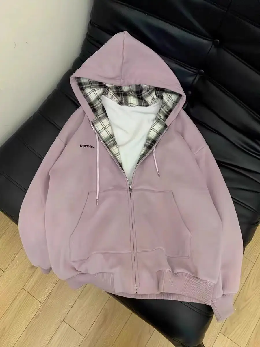 Hooded Hoodies Women Pockets Slouchy Vintage Plaid Plus Velvet Tender All-match Temper High Quality Students Ulzzang Unisex New