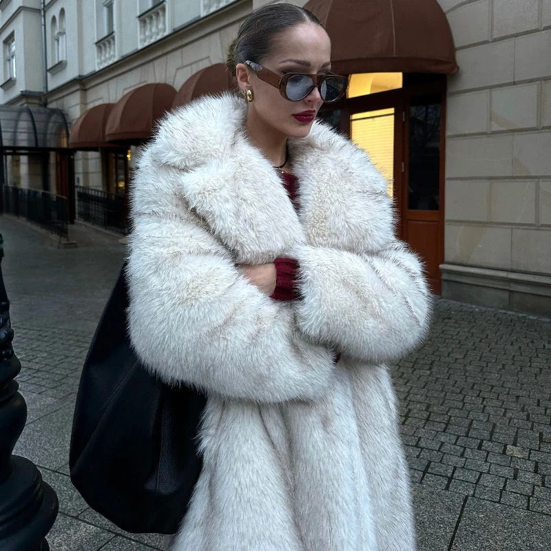 TARUXY Luxury Fox Fur Coat Women's Suit Collar Long Sleeves Loose Keep Warm Faux Fur Long Coat Winter High Street Fashion Jacket
