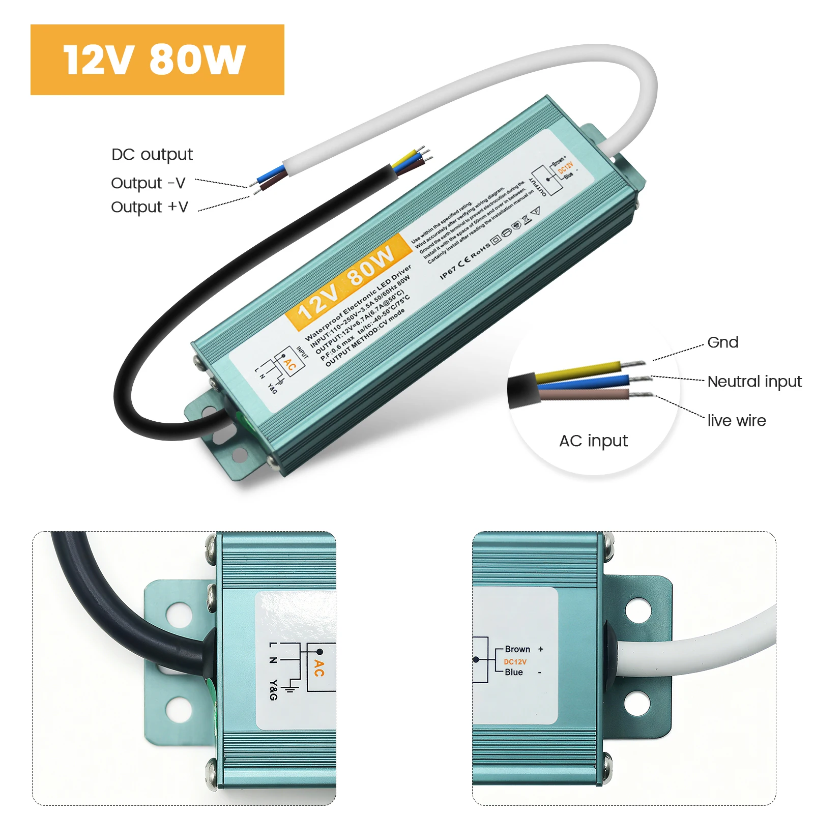 IP67 إضاءة مقاومة للماء سائق التيار المتناوب 110 فولت 240 فولت إلى تيار مستمر 12 فولت 24 فولت 36 واط 60 واط 80 واط 100 واط 300 واط 400 واط 500 واط 600 واط محول محول