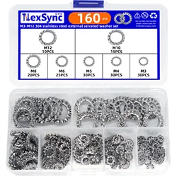 160pcs stainless steel external serrated washer set M3 M4 M5 M6 M8 M10 M12 External Toothed Serrated Lock Washer Shakeproof