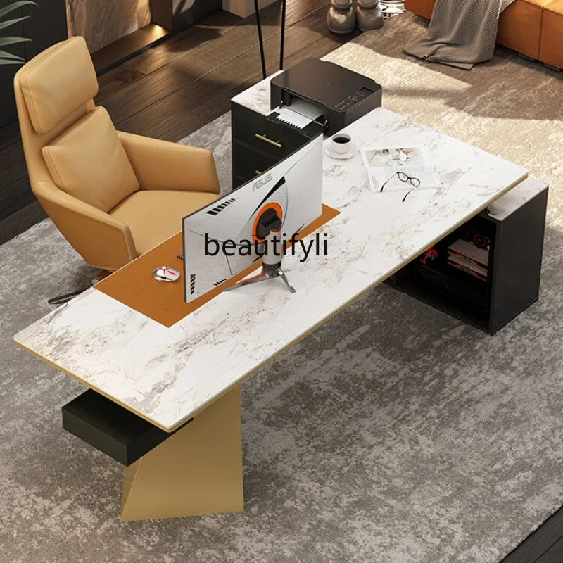 

A Italian Desk Creative Stone Plate Boss Desk President Executive Desk with Drawer Side Cabinet