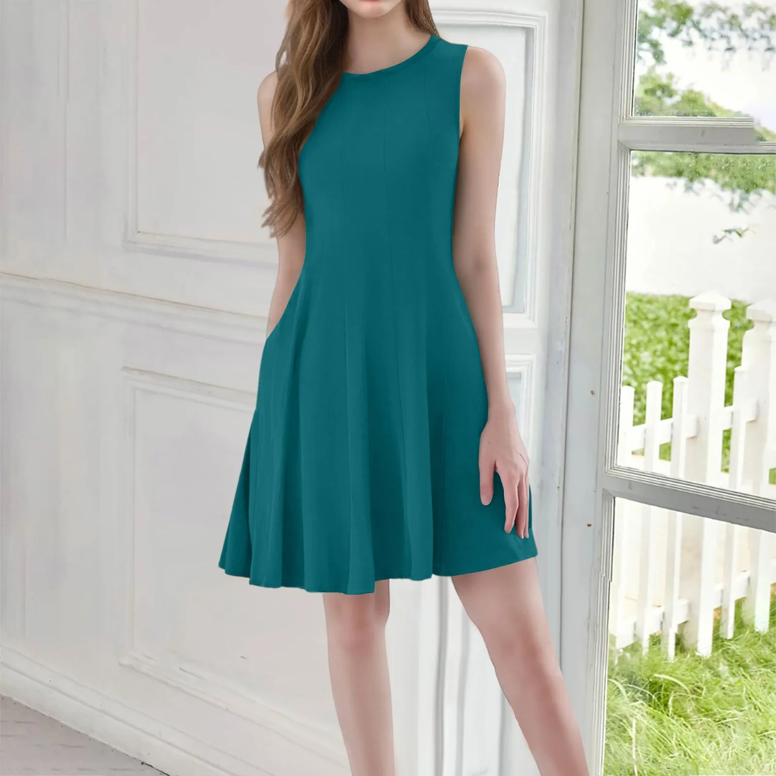 Women's Solid color elegant dress Casual Fashion summer dress with pocket O-Neck Sleeveless Short Dresses Basic versatile dress