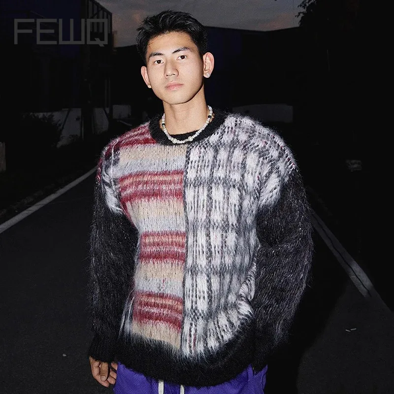 

FEWQ American Street Art Texture Stripe Contrast Knitwear Men Sweater 2024 Contrast Color Long Sleeve Male Pullover 24E2781