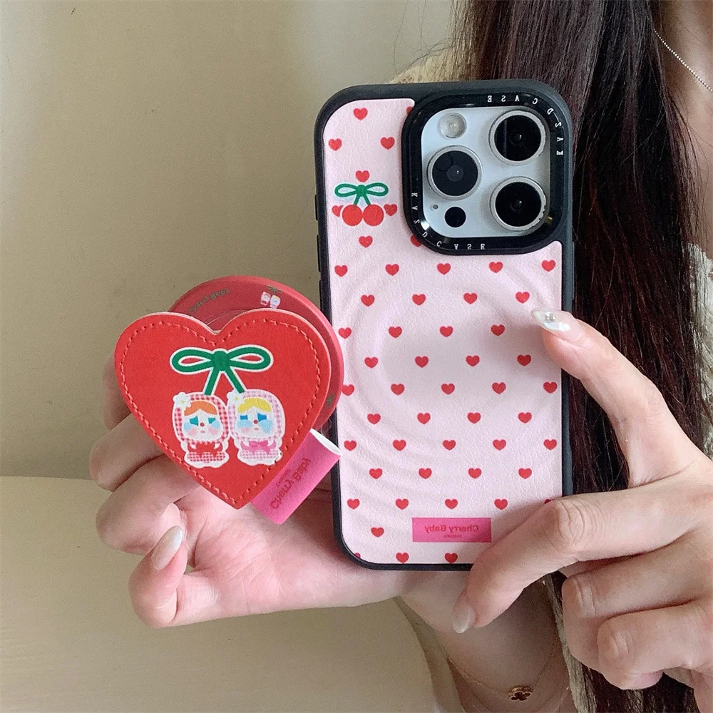 

Luxury Fashion Leather Love Cherry Cry Girls For Magsafe Stand Phone Case for iPhone 13 14 15 16 17 Pro Max Cover Water Cute Cas