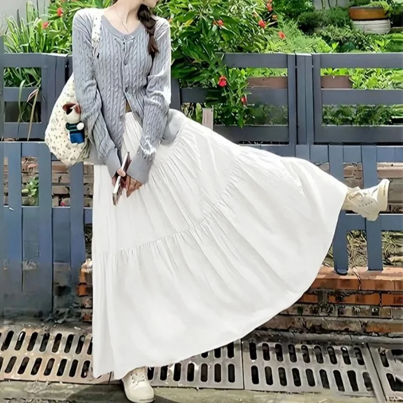 Women Cake Skirt Autumn New Trend A-line Big Swing Double Layer Long Skirt Casual Sweet Korean High Waist Pleated Skirt Solid