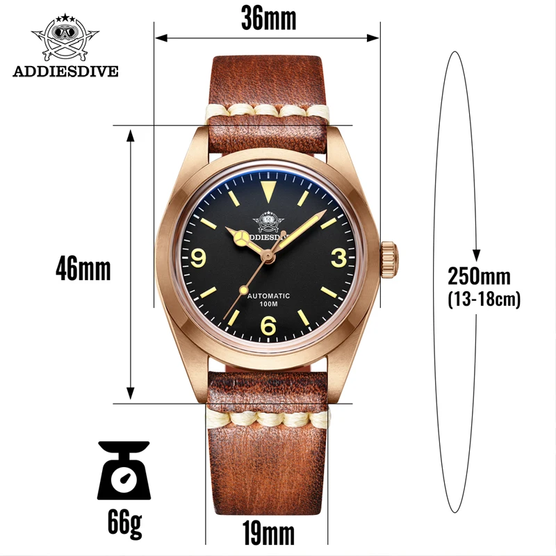 ADDIESDIVE Men\'s Bronze Automatic Wristwatches Leather Analog Watches Sapphire Waterproof Retro Luminous Diving Mechanical Watch