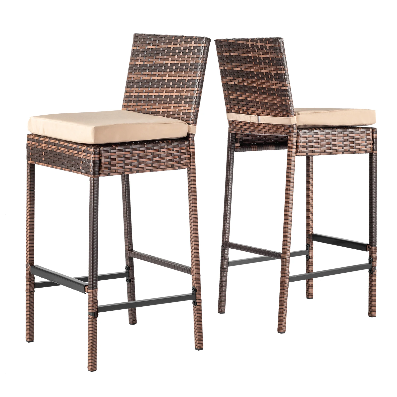 Set of 2 Patio Wicker Barstools, Outdoor Bar Height Chairs with Seat Cushions & Footrests for Patio Porch Backyard Living Room B