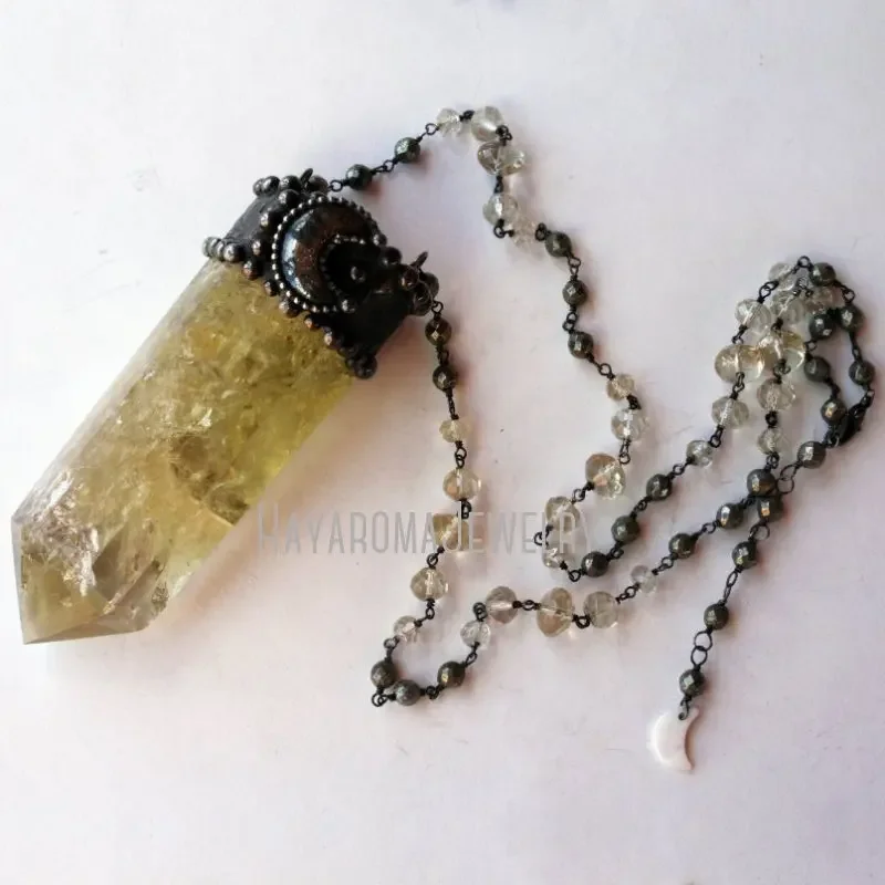 2PCS Citrine Crystal Pyrite Moon Necklace Crescent  Statement  Halloween Women Jewelry