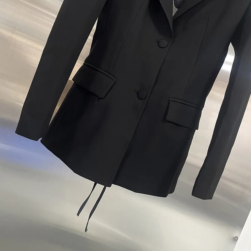 KBQ الصلبة الجوف خارج الدانتيل شيك السترات للنساء التلبيب كم طويل المرقعة جيوب التخسيس السترة الإناث الاسلوب المناسب جديد #5