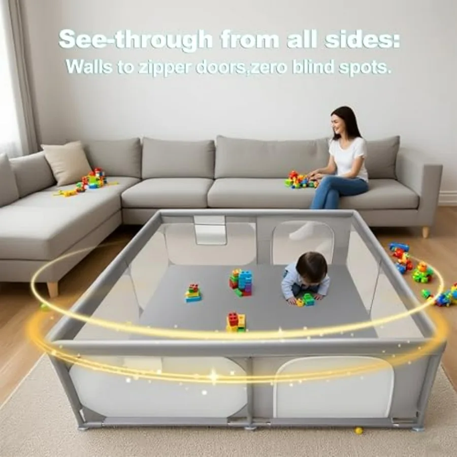 Extra Large 79x79 Baby Playpen for Toddlers and Infants with Dual Zipper Doors Dual Storage Mesh Pockets Fully Transparent Side