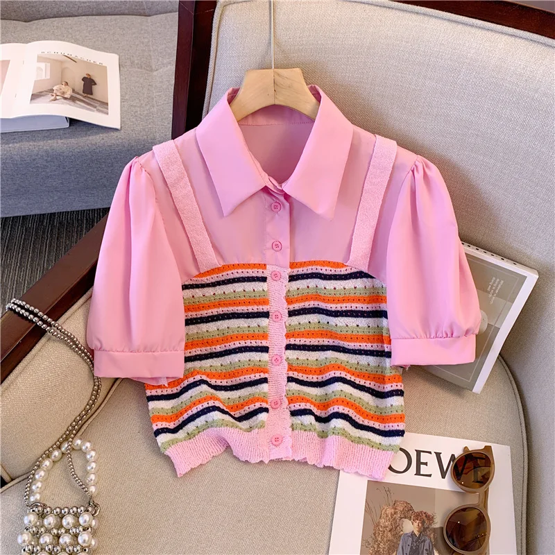 Women's Pink Fake Two-Piece Short Sleeve Shirt with Striped Knit Vest – Sweet Korean Style Summer Top for Casual or Date Wear