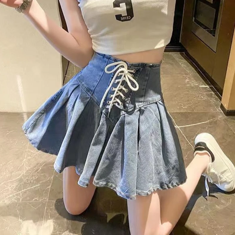 Denim Skirts Women Lace-up Niche Design High Waist Japan Style Girls Clothing Summer All-match Fashion Solid A-line Students