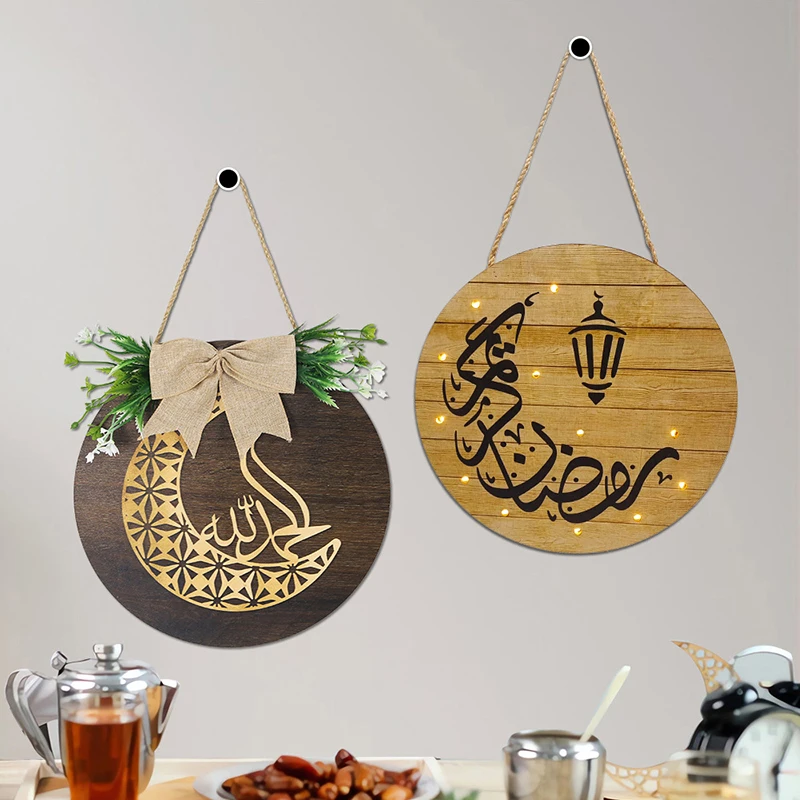 Home Decoration Woodcraft Star Moon Door Hanging Arabic Alphabet Wooden Plaque Eid al Fitr Hanging Sign Decorative Pendant