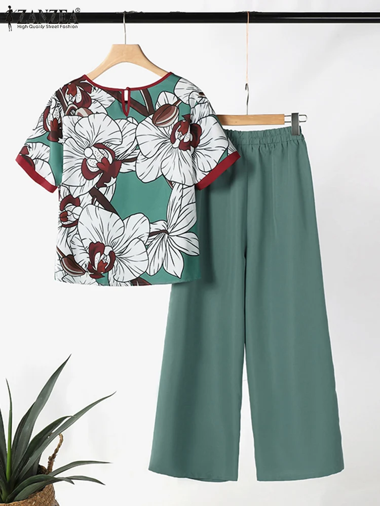 ZANZEA Summer Trousers Suit Fashion Women Matching Sets 2PCS Short Sleeve Floral Blouse Casual Pant Sets Elegant Work Tracksuits