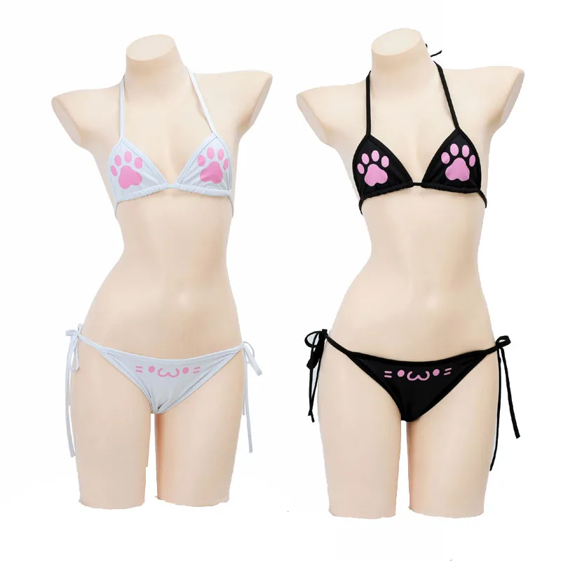 

Anime Kawaii Girl Cute Cat Paw Triangle Tie Side Bikini Swimsuit Women Claw Pattern Three Point Underwear Set Costume Cosplay