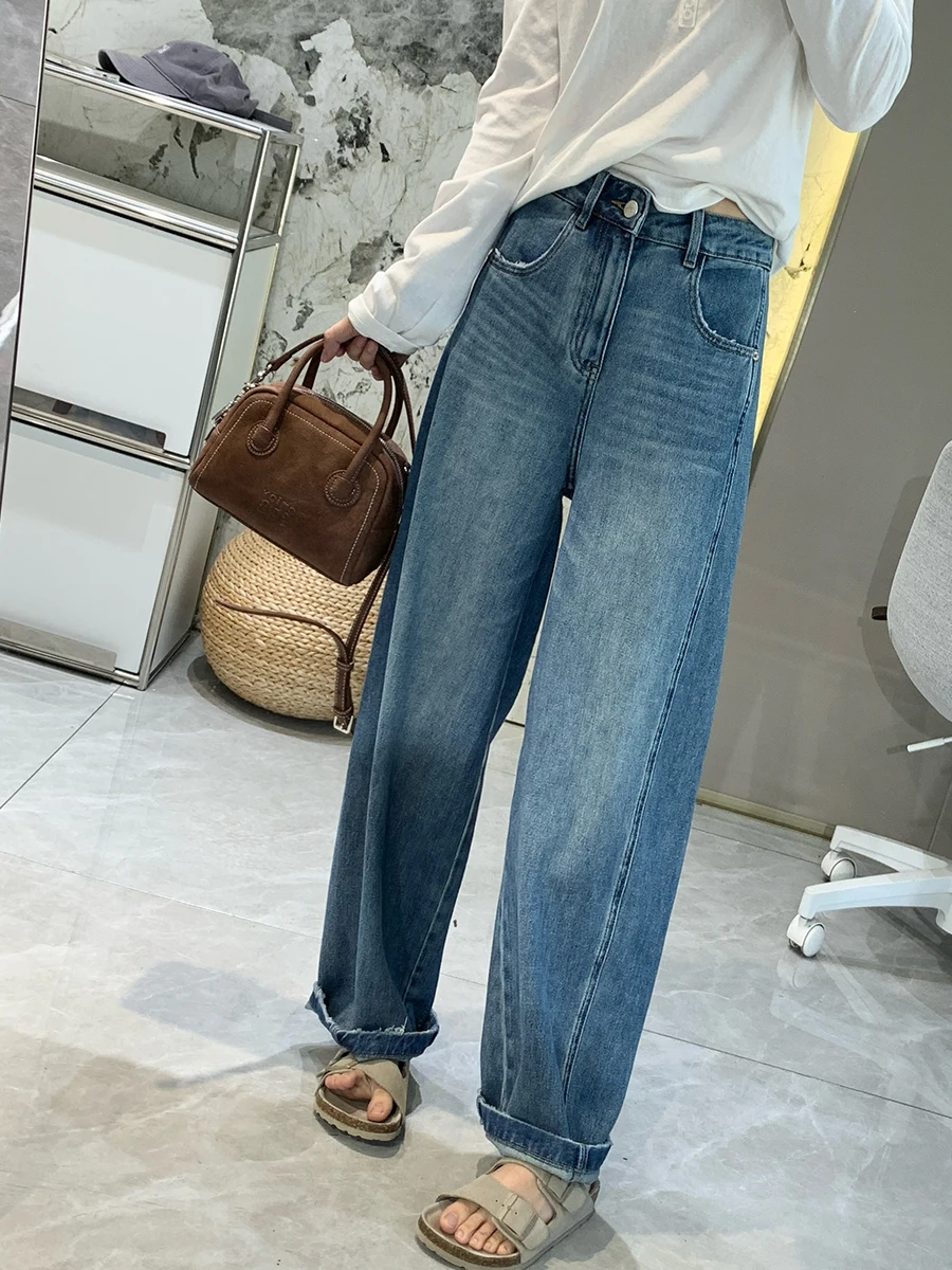 

Spring Soft Drapey Loose Wide Leg Jeans Women's Curved Knife Lazy Sle Long Pants High Waist Cotton Blend Waed Denim