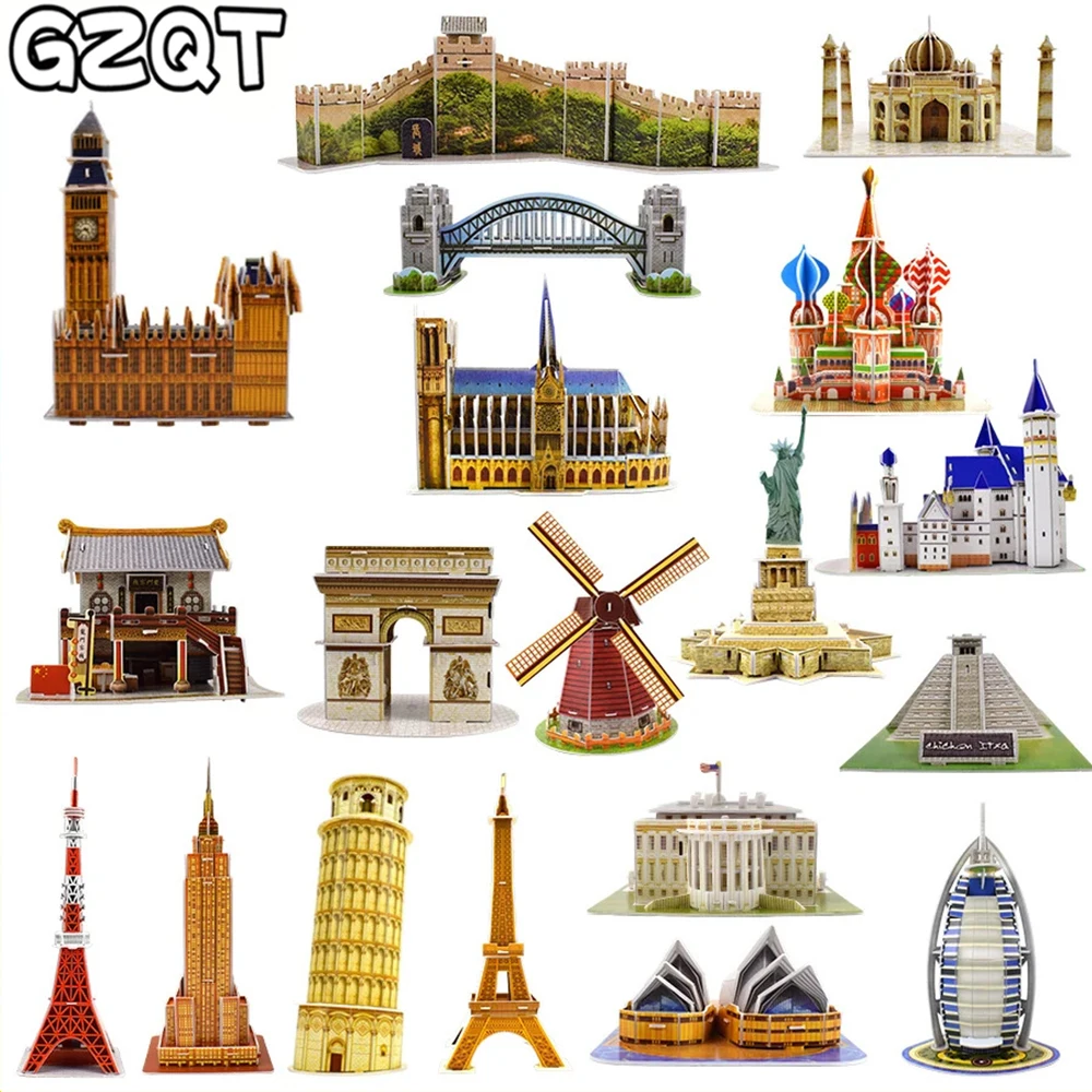 Kids Toys Cardboard 3D Paper Building Puzzle Model Toys World Souvenir White House Eiffel Tower Gifts for Children DIY Education