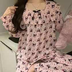 Sanrio Kuromi Sweet Lovely Style Lace Bow Pajamas Simple Design New Fashion Home Wear Spring Autumn Cute Cartoon Print Nightgown