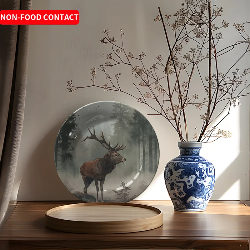 1pc Forest Deer Ceramic Decorative Plate - Nordic Style Round Tabletop Ornament with Artistic Forest Scene, Non-Food Contact