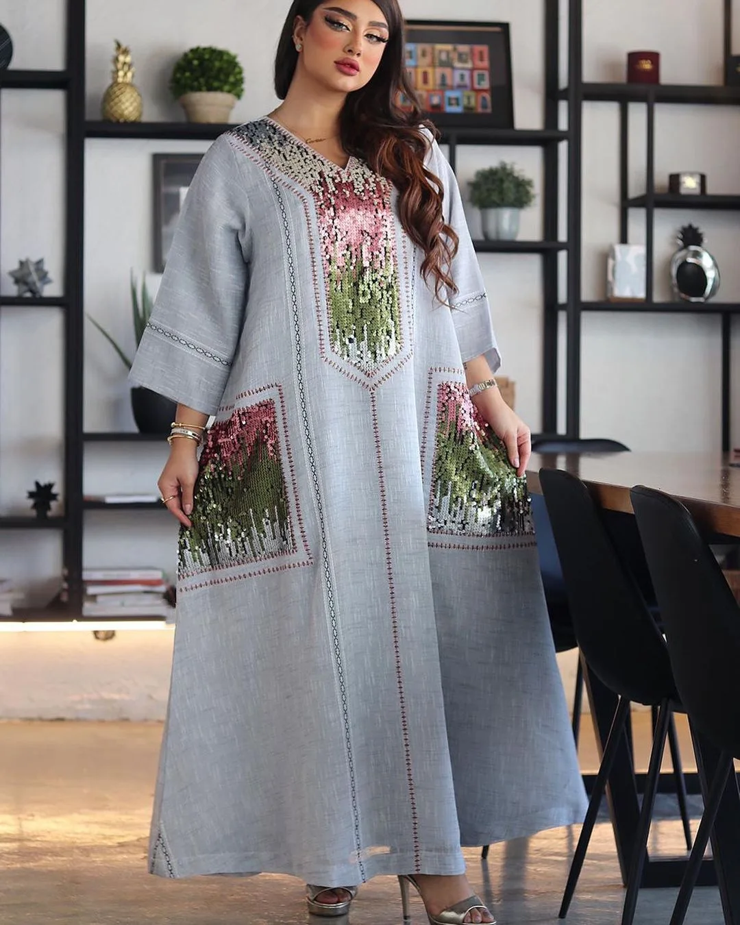 Dubai Luxury Abaya For Women Arab Moroccan Fashion Sequins Long Sleeve Loose Caftan Kuwaiti Gulf Muslim Ramadan Dress