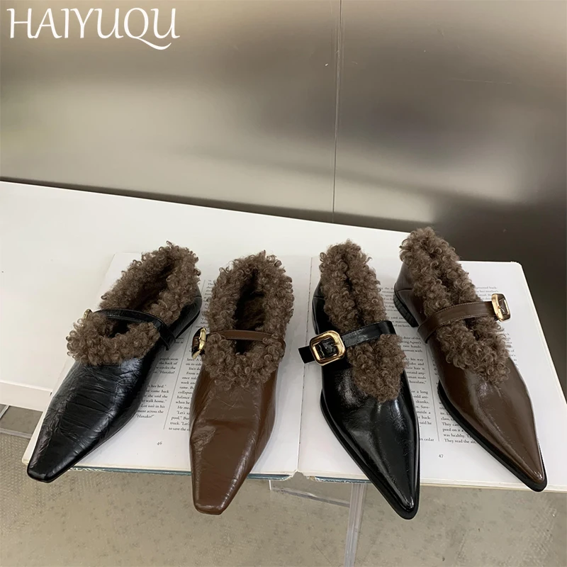 Pointed Toe Fur Women Shoes Flats Fashion Shallow Shoes Woman 2024 Trend Brand Mary Jane Cotton Shoes New Mujer De Snow Botas