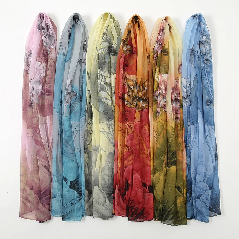 Chiffon-Schal mit Lotus-Aufdruck, modischer, leichter Halstuch für Damen, Sommer-Hals-Sonnenschutz, Seidenschal, 150 x 50 cm – Detail 1