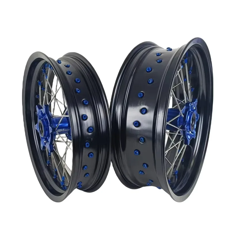 

17inch Motorcycle Supermoto Wheels Set Compatible With TE TC FE FC 350 450 2014-2025 Blue Hub Black Rim