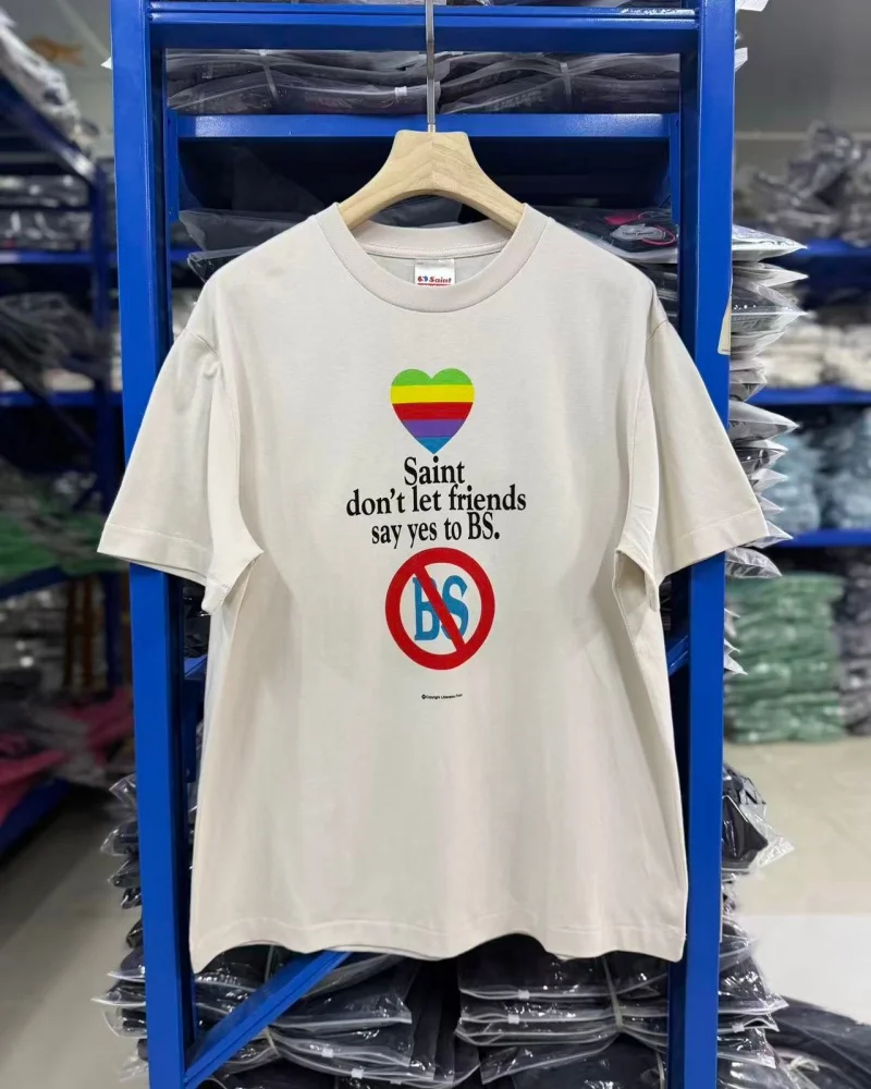 Saint Rainbow Apple White Minimalist Crew Neck Summer High-End Men's Women's Washed Short-Sleeve T-Shirt