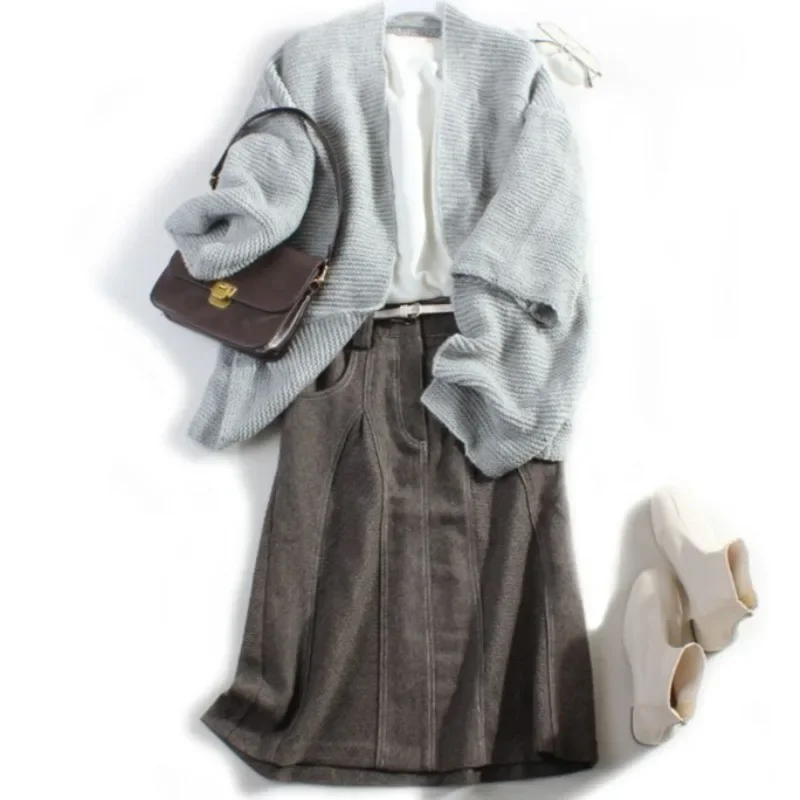 

Осенне-зимние юбки для женщин длиной до колена, однотонные, в корейском стиле, универсальная винтажная одежда с высокой талией, повседневная одежда трапециевидной формы, простая