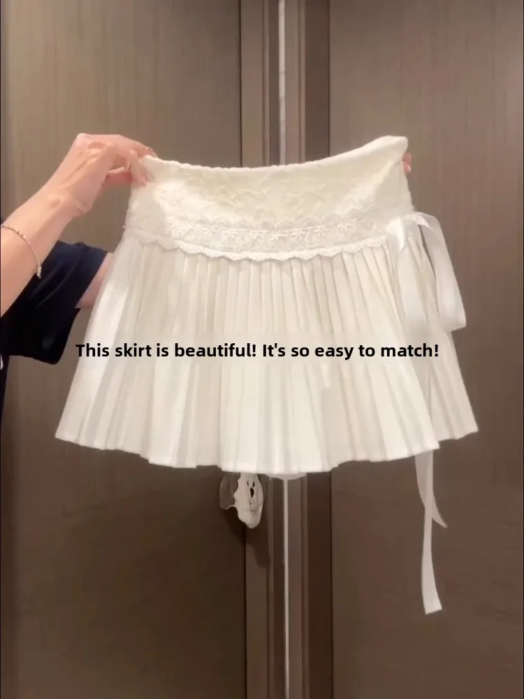 Pure Desire Initial Sweet Girl's Pink Cake Skirt Lace Splicing Belted Pleated Short Skirt Korean Style Commute High Waist A-L...