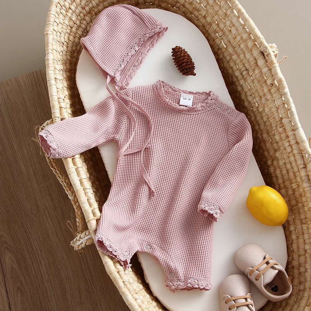 Baby Girl Onepiece Clothes Lace Baby Girl Long Sleeved Bodysuit with Hat Newborn Infant Clothing for Spring Autumn