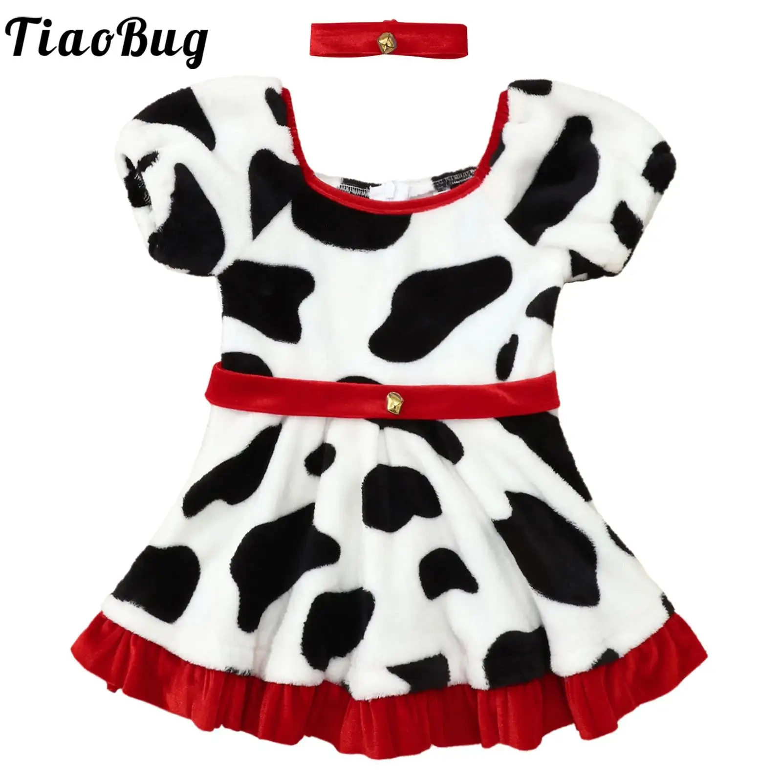 Toddler Girls Dalmatian Costume Halloween Themed Party Cosplay Cartoon Spotted Dog Fancy Dress Up Short Sleeve Velvet Tutu Dress