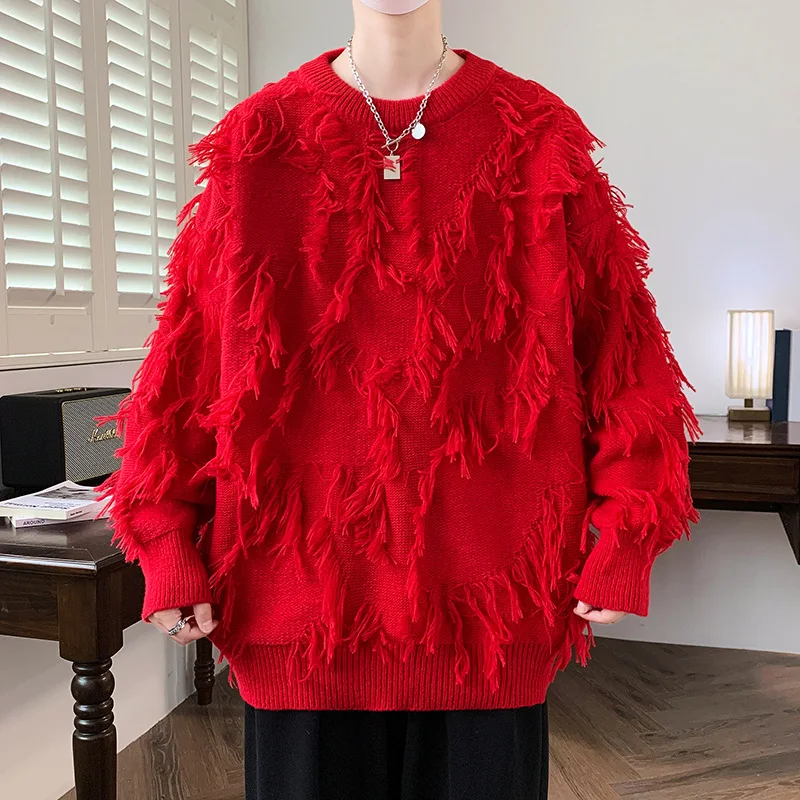Maglione da uomo in tinta unita con frange di piume, pullover da uomo in morbida maglia soffice, maglione casual di fascia alta Hombre per l'autunno