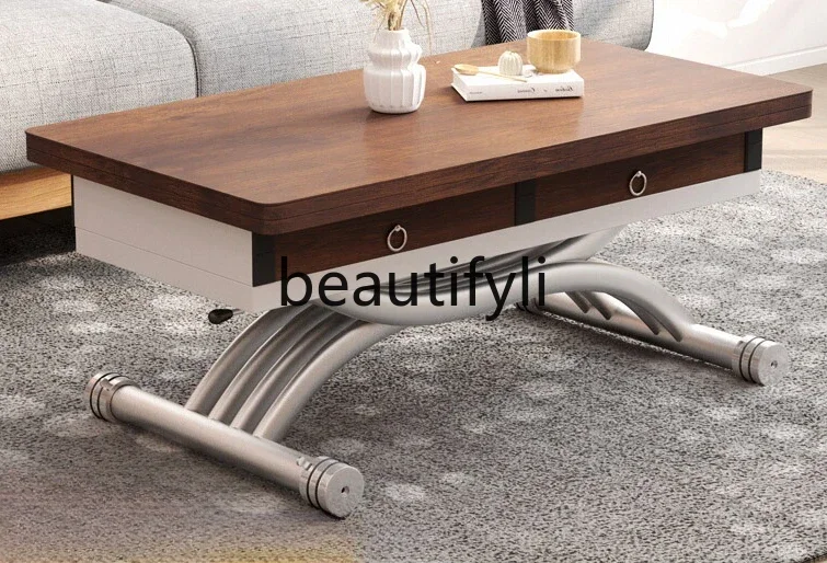 Lifting dining tea table, integrated small apartment, square household folding dual-purpose mobile telescopic second table