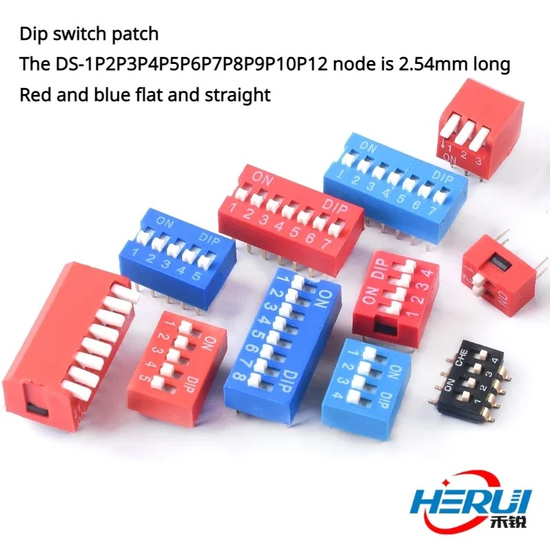 

Dial switch patch DS-1P2P3P4P5P6P7P8P9P10P12-bit 2.54mm red and blue flat plug-in.