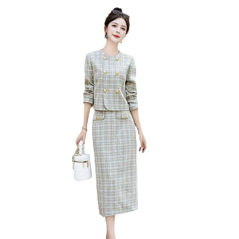 

Women's plaid tweed 2 pcs set double breasted jacket+half skirt 2024 new spring and autumn season small fragrant style set