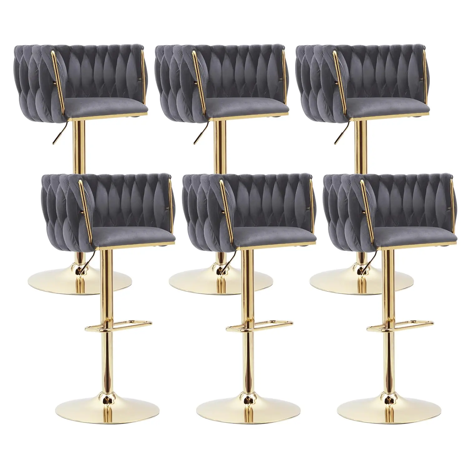 

Grey Velvet Bar Stools Set Of 6 - Modern Adjustable Swivel Counter Height Chairs With Woven Back, Gold Metal Leg &, Customized