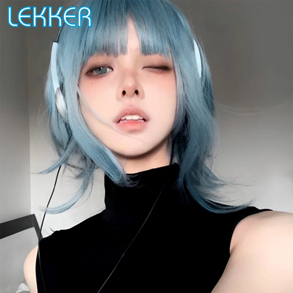 Lekker-Peluca de cabello humano ondulado con flequillo para mujer, pelo Remy brasileño, color gris y azul, largo y ondulado, Cosplay