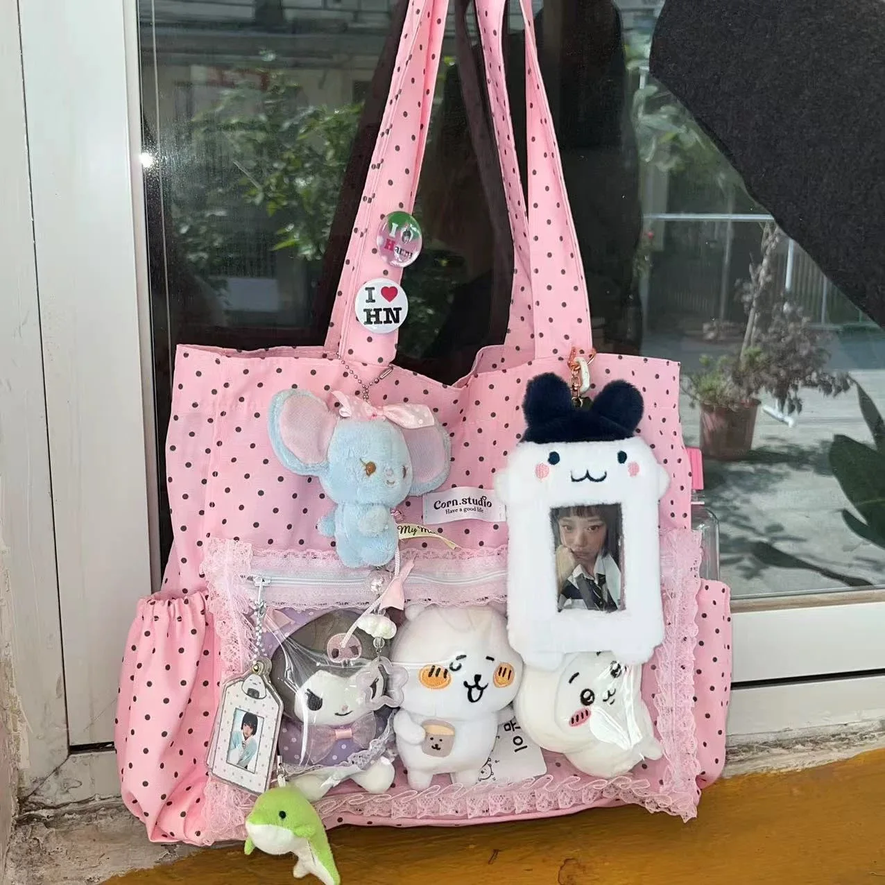 Neue süße Hand Ulzzang Y2k Ita Tasche für Mädchen große Kapazität modische Polka Dot Canvas Umhängetasche lässig Pendeln Einkaufstasche – Detail 2