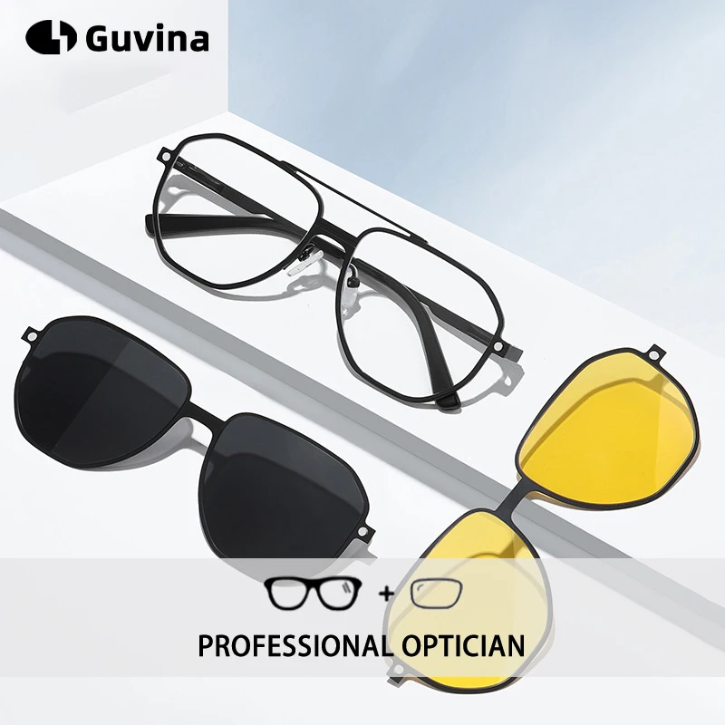 Magnetic Clip On Prescription Glasses 3 In 1 Polarized Sunglasses Night Vision Driving Eyewear Custom Optical