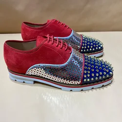 Splicing Multicolor Men's Rivet Casual Shoes Classic Red Suede Spike Toe Design Lace Up Oxford Shoes Comfortable Dress Men Shoes